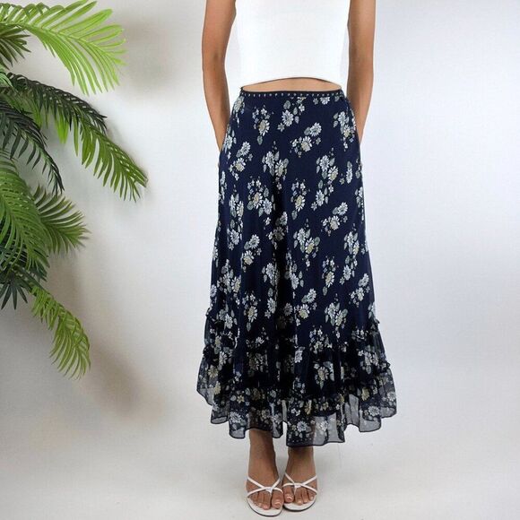 Y2K Style Blue Floral Cottagecore Boho High Waisted Prairie Midi Skirt / Sz: XS - Picture 4 of 6